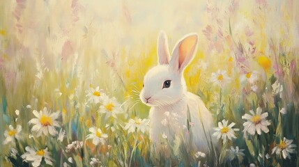 Fototapeta premium Bunny among wildflowers nature scene painting vibrant meadow serene atmosphere