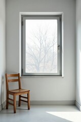 A solitary wooden chair sits quietly by a window overlooking a tranquil winter scene, bathed in soft sunlight.