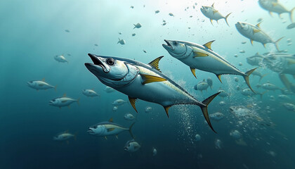 Fototapeta premium School of tuna fish swimming in deep ocean waters