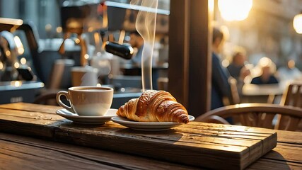 fresh croissant and steaming coffee on a rustic wooden table in a cozy café

