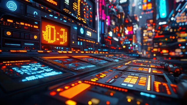 Futuristic control panel overlooking vibrant city skyline