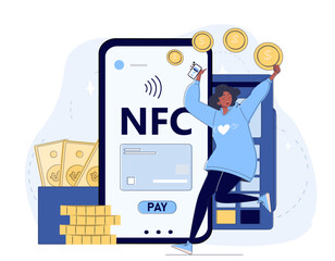 Happy woman celebrates a successful mobile NFC payment using smartphone. Background features large phone screen, coins, cash, payment terminal. Concept of digital transactions. Vector illustration