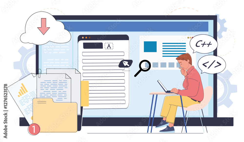 Poster a developer sitting at a desk working on a programming project on a laptop, surrounded by software d
