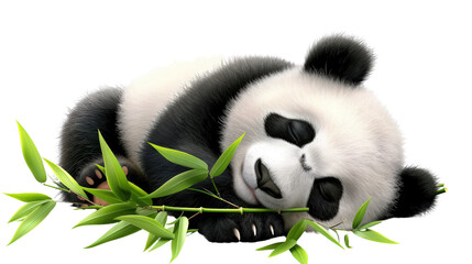 Fototapeta premium A cute 3D giant panda eating bamboo in the wild and sleeping