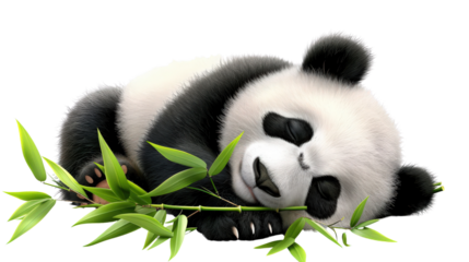 A cute 3D giant panda eating bamboo in the wild and sleeping