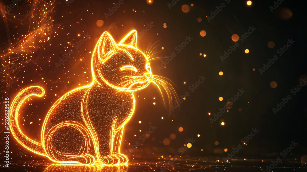 Poster A glowing wireframe cat surrounded by sparkling particles, illuminated with a golden light in a dark environment, symbolizing digital creativity and virtual art.