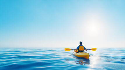 A peaceful solo kayaking adventure on calm, clear waters with the sun shining brightly, evoking tranquility and exploration.