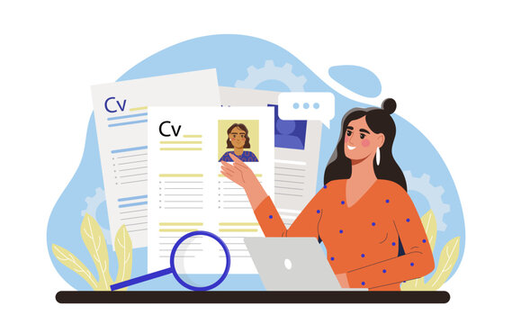 A smiling HR manager reviews resumes at a desk with a laptop, magnifying glass, and documents. Background features abstract shapes and gears. Recruitment concept. Vector illustration