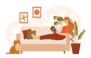 A woman lies on a cozy sofa reading a book, surrounded by plants and framed artwork. A cat sits nearby, looking up. Warm earthy tones create a relaxing atmosphere. Vector illustration