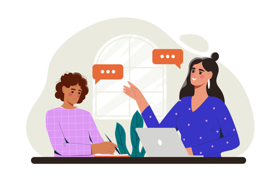 Mentor and student engaging in learning session with laptop and notebook. The mentor explains while the student takes notes. Modern, flat style concept of education and mentorship. Vector illustration