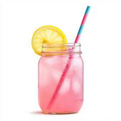 Refreshing Pink Lemonade in Mason Jar with Slice of Lemon and Straw


