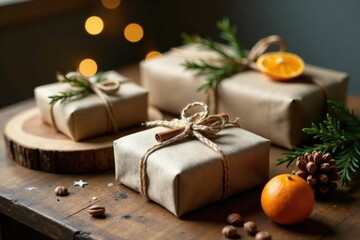 Rustic Elegance  Wrapped Gifts Adorned with Natural Elements and Festive Accents on a Wooden Surface