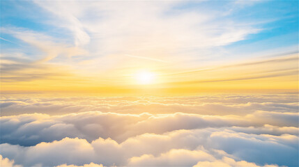 Obraz premium A bright and beautiful sunrise above a sea of clouds, with soft hues of yellow and blue blending together. The scene evokes a sense of peace and calm.