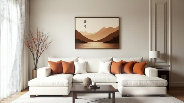 seamless looping 4k time-lapse virtual video animation background of a modern minimalist living room with elegant white sofa, warm sunlight, and stylish wall art in a cozy home interior