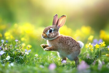 Fototapeta premium cartoon rabbit in spring field with colorful flowers