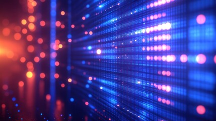 Glowing data wall, vibrant lights, blurred bokeh background, digital display