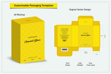 Perfume Packaging design, luxury box design template, Box die line, 3d Box Mockup, and Design elements. Illustration Vector Design Template.