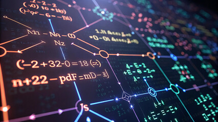 Digital Matrix with Glowing Mathematical Equations and Numbers Background