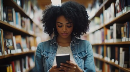 Social media rumors affecting a woman in a bookstore. Featuring unease and distraction