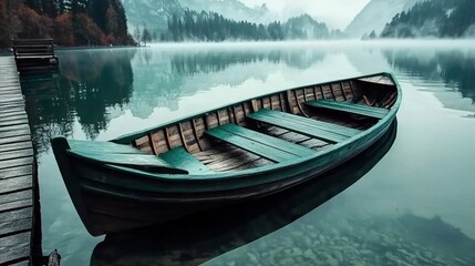 Obraz premium Serene boat on misty lake tranquil nature landscape early morning fog