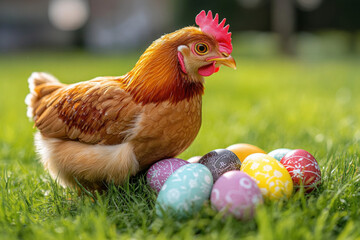 Fototapeta premium A chicken with Easter eggs, playful and festive, holiday theme.