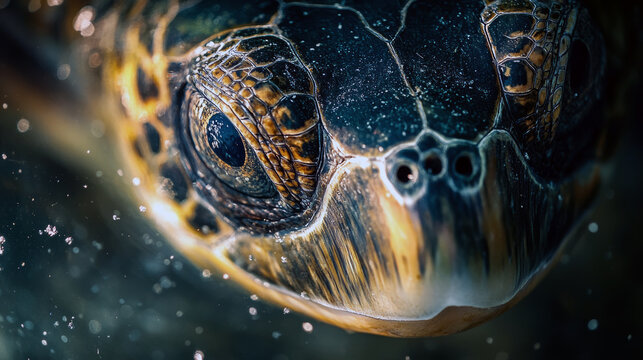 Close-up of sea turtle with detailed shell and vibrant eyes.