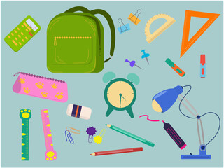 meeting of school subjects back to school, welcome to school illustration of school supplies buttons paper clips pencil case backpack