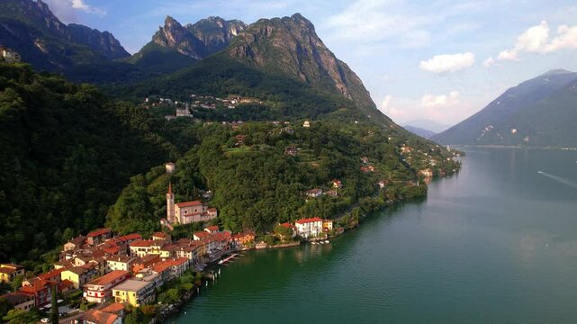 Italy, most beautiful scenic villages near lake . Lago di Lugano, beautiful valley Valsolda and charming traditional village San Mamete. Border with Switzerland. aerial video