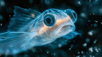 Close-up of translucent fish in underwater ocean environment with floating particles.