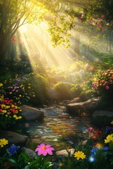 Beautiful colorful wild flowers in deep foggy forest with sun light in Spring.