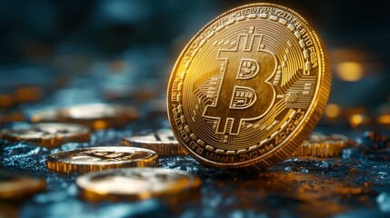 Golden Bitcoin close-up, dark background, cryptocurrency finance