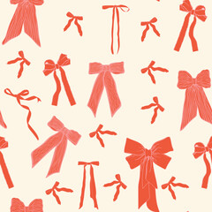 Red bows, ribbons seamless pattern on pink background.