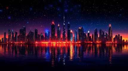 Vibrant city skyline at twilight with reflections in water and starry sky