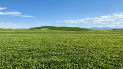 Obraz premium A lush green landscape stretches under a bright blue sky, showcasing rolling hills and open fields, evoking tranquility and natural beauty.