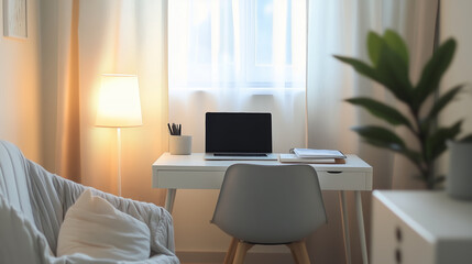 Minimalist interior design of modern home office with laptop and soft lighting
