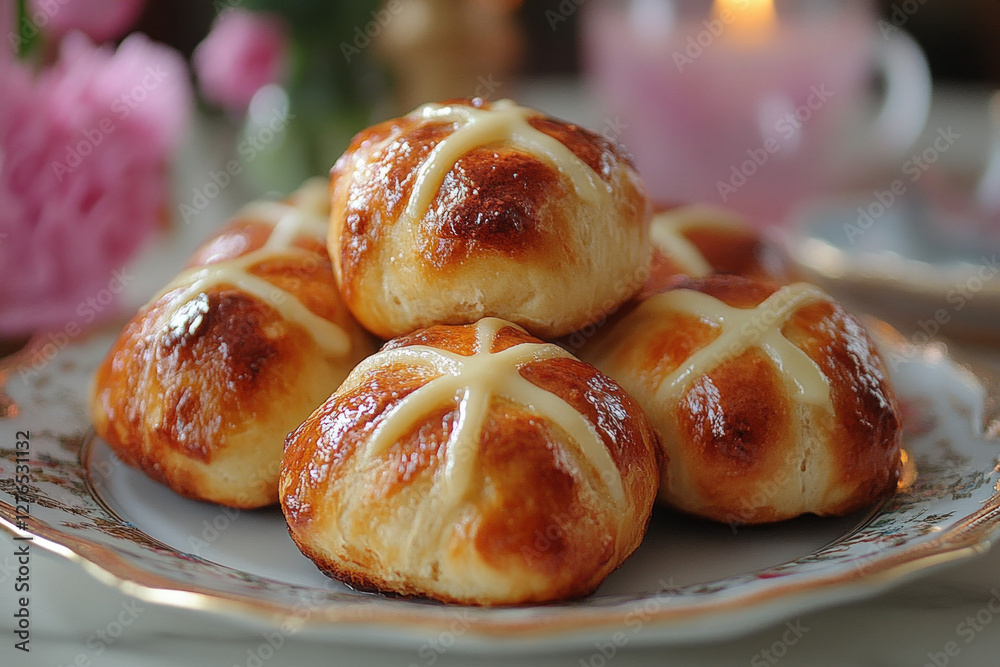 Sticker A plate of hot cross buns, golden and appetizing, culinary theme