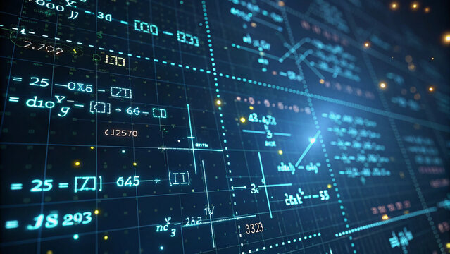 Digital Matrix Filled with Glowing Mathematical Equations and Formulas