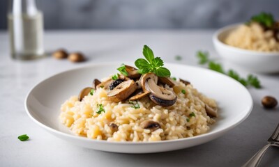Creamy Mushroom Risotto Garnished with Fresh Herbs on a White Plate