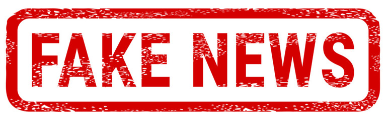 Dirty red stamp mark "FAKE NEWS" surrounded by a rounded frame (cut out)