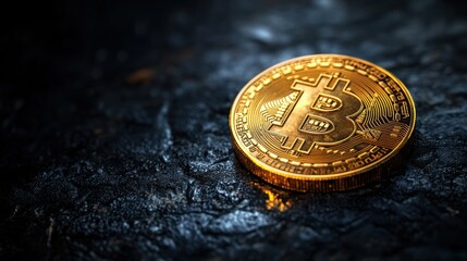 Golden Bitcoin coin on dark textured surface
