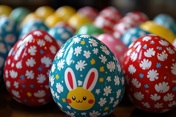 Easter eggs decorated with bunny designs, playful and festive, holiday theme.