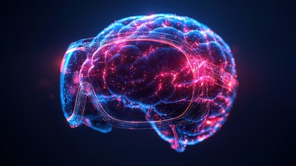 Futuristic depiction of a glowing brain wearing virtual reality goggles against a dark background