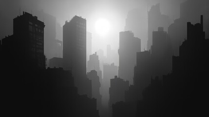 Naklejka premium Monochromatic metropolis skyline shrouded in dense atmospheric haze