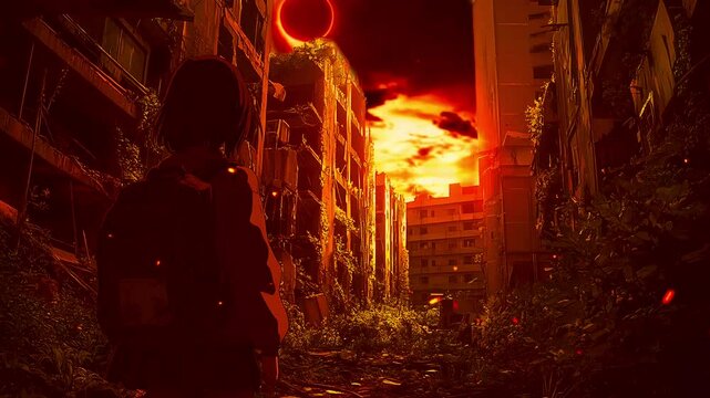 lo-fi anime, lo-fi art, Anime Girl Standing in a Post-Apocalyptic City with a Solar Eclipse. Seamless looping time lapse animation video background  
