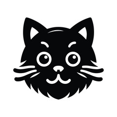 Black cat face vector logo icon, simple flat design on a white background, no shadow under the head of the black, cute kitten, vector illustration style, simple line art, symmetrical composition, logo