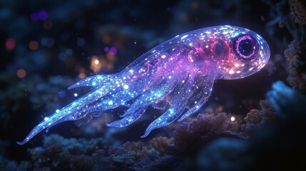 Fototapeta premium Ethereal bioluminescent sea creature gliding in glowing underwater world.