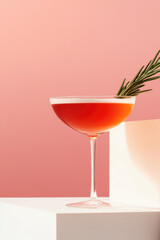 Delightful pink cocktail garnished with rosemary on a clean backdrop