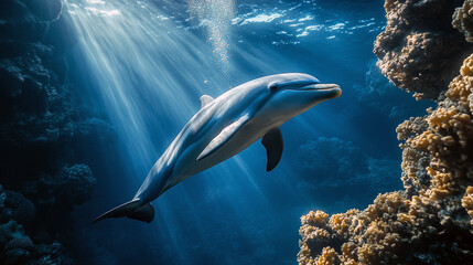 Naklejka premium Graceful dolphin swimming through sunlit ocean waters among coral reefs.