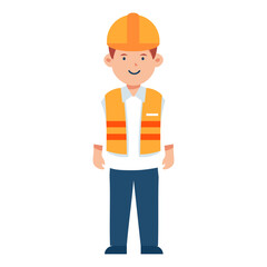Cartoon construction worker wearing safety vest and hard hat.