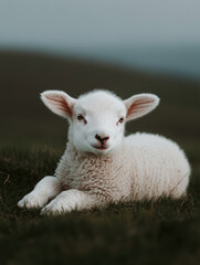 Obraz premium Gentle little lamb resting in lush green grass on a calm day